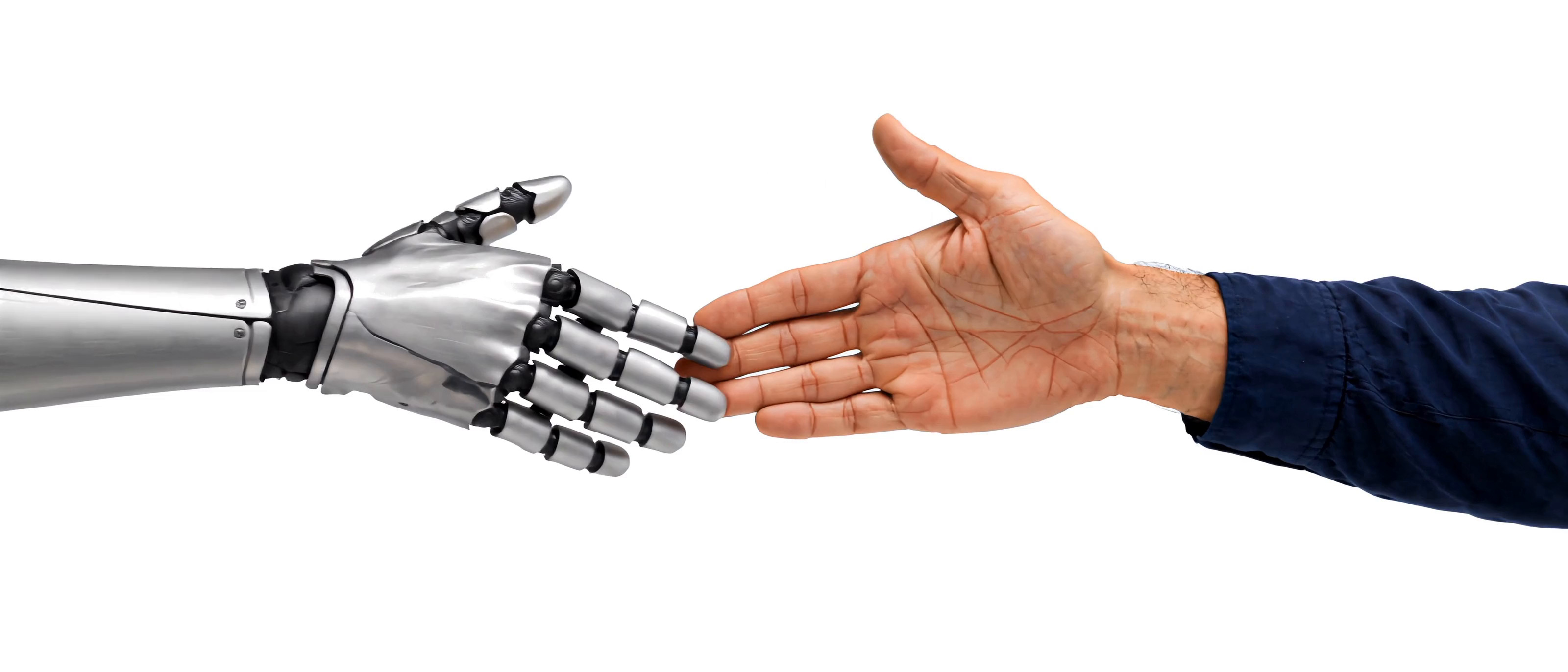 A human and a brushed-metal robot making a handshake, with their arms continuing beyond both screen edges.