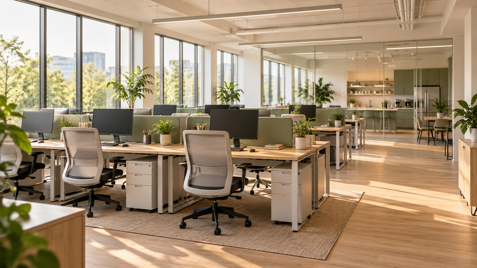 A clean, light-filled office with pale oak desks and a kitchen behind glass