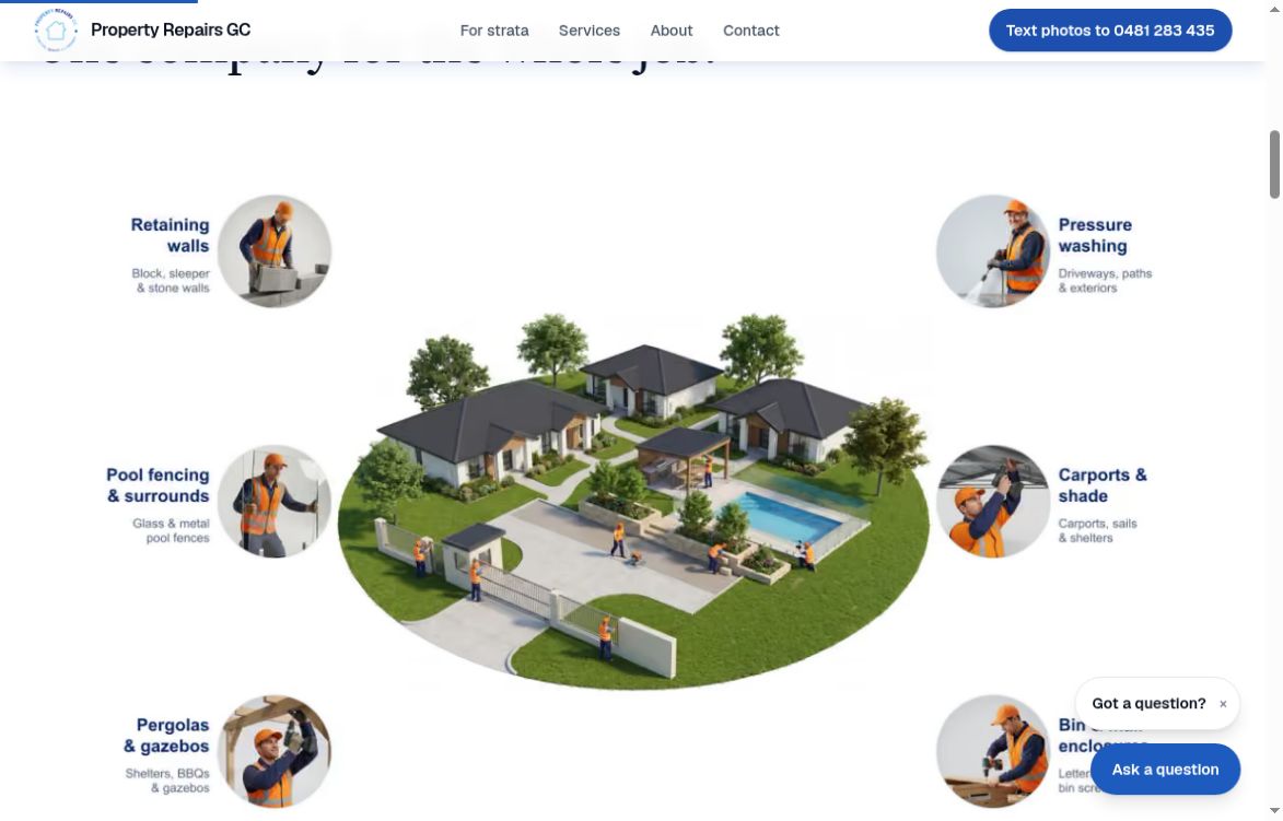 The Property Repairs GC website, showing its branding and property-repairs service overview.